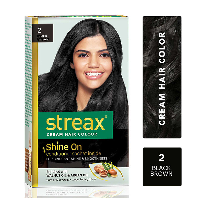 Streax Cream Hair Colour, 100% Grey Coverage, No Ammonia, 2 Black Brown