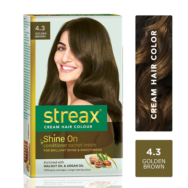 Streax Cream Hair Colour, 100% Grey Coverage, No Ammonia, 4.3 Golden Brown