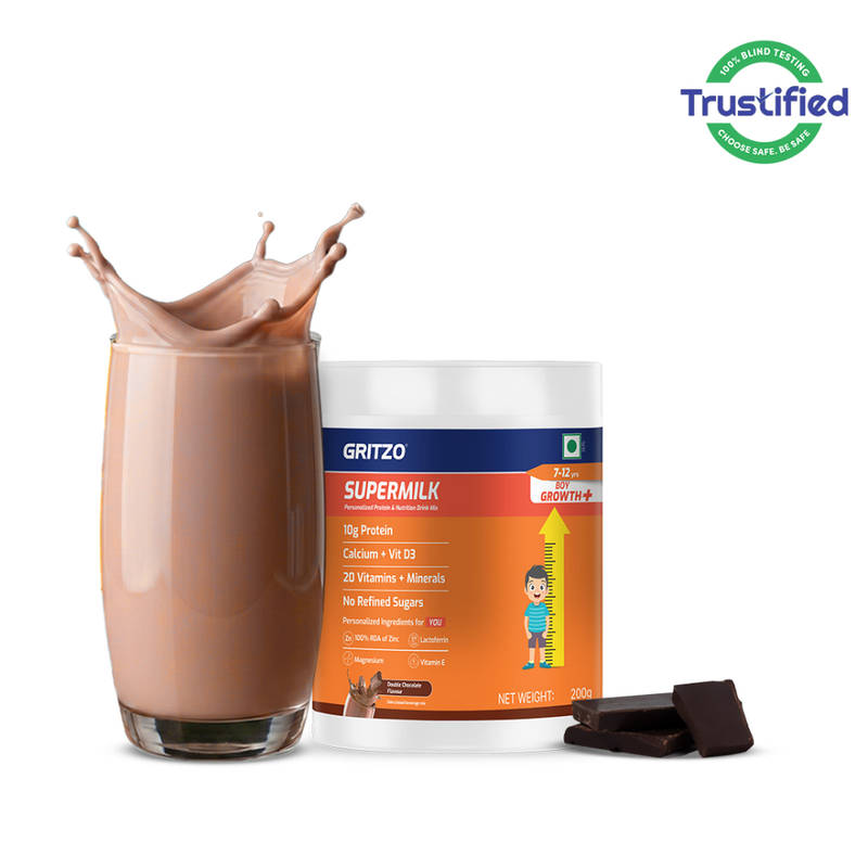 Gritzo Supermilk Growth+ 10G Protein Powder For 7-12Y Boys - Double Chocolate