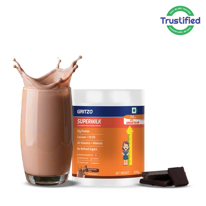 Gritzo Supermilk Growth+ 10G Protein Powder For 7-9Y Girls - Double Chocolate