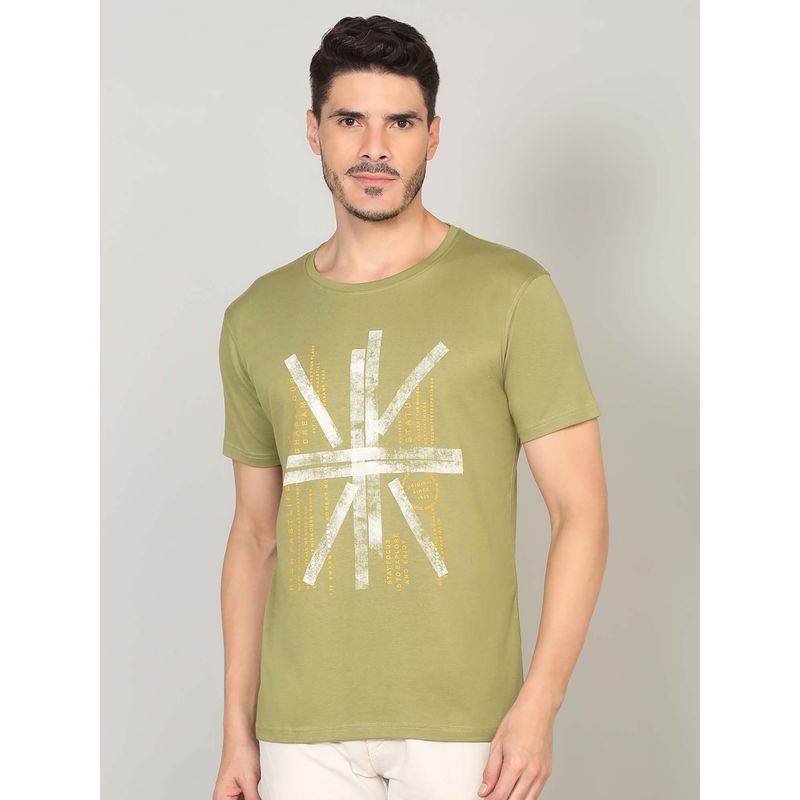 Selfusion Men'S Olive Green Typography Printed Cotton Slim Fit T-Shirt (L) (L)