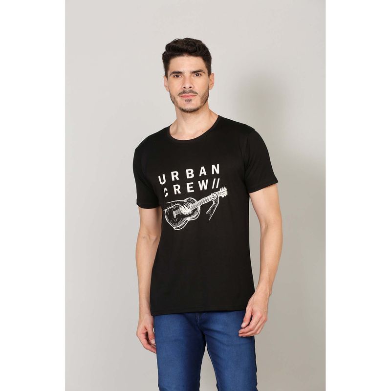 Selfusion Men'S Black Urban Crew Guitar Printed Cotton Slim Fit T-Shirt (L) (L)