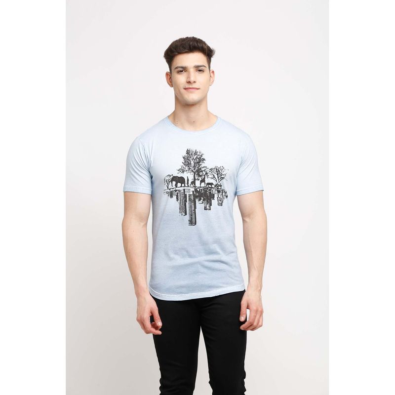Selfusion Men'S Sky Blue Wildlife Cityscape Printed Cotton T-Shirt (L) (L)