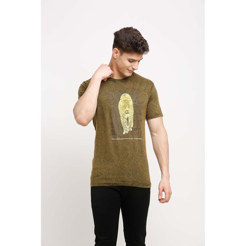 Selfusion Men'S Olive Green Leopard Printed Cotton Slim T-Shirt (L) (L)