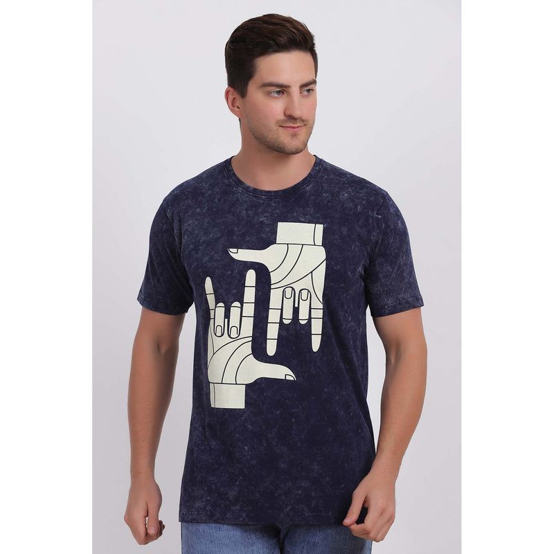 Selfusion Men'S Navy Blue Graphic Printed Cotton T-Shirt (L) (L)