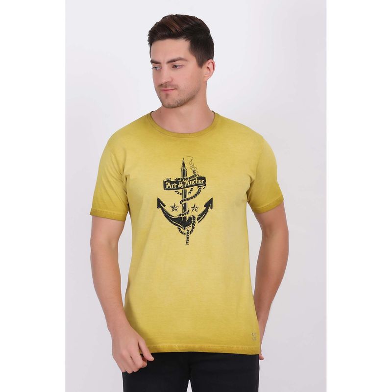 Selfusion Men'S Mustard Yellow Printed Cotton T-Shirt (L) (L)