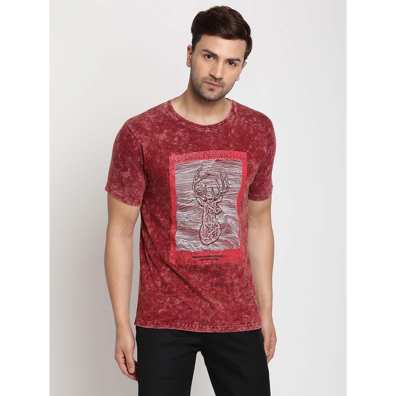 Selfusion Men'S Maroon Deer Printed Cotton T-Shirt (L) (L)