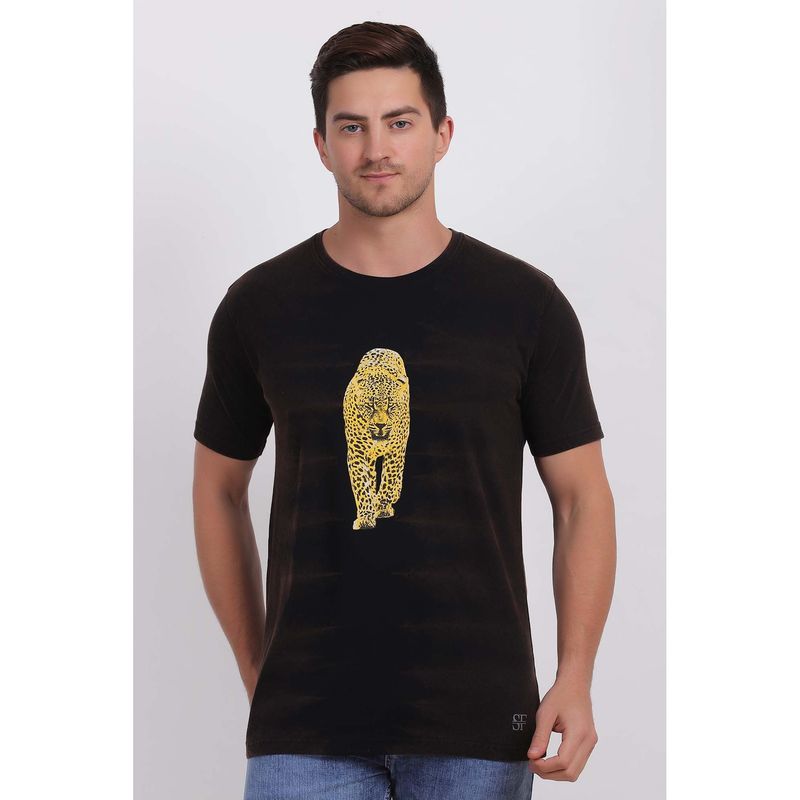 Selfusion Men'S Black Leopard Printed Cotton Slim Fit T-Shirt (L) (L)