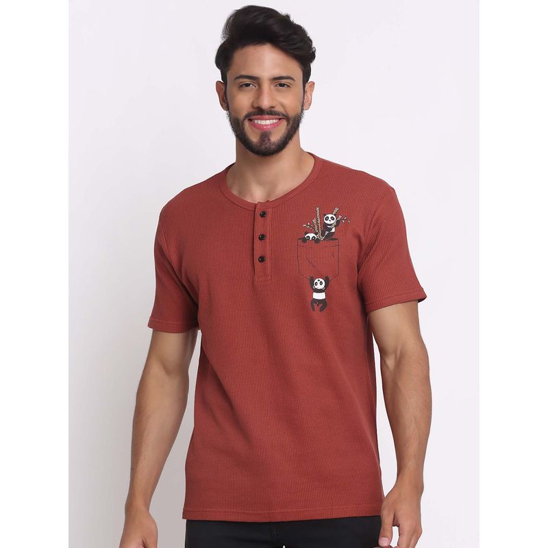 Selfusion Men'S Rust Waffle Knit Henley Panda Pocket Graphic Cotton T-Shirt (L) (L)