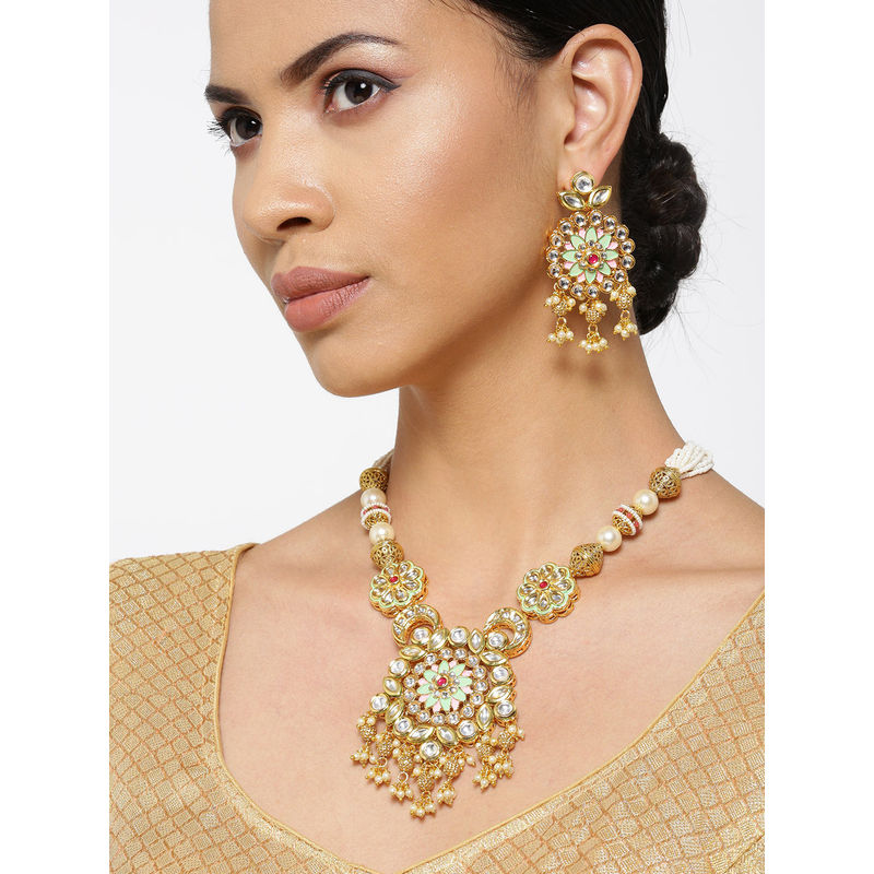 Priyaasi Gold Plated Kundan Studded Multistrand Chain PinkMint Green