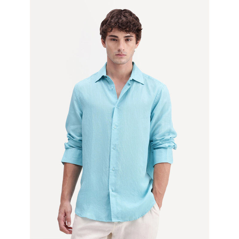 Rare Rabbit Blue Solid Linen Blend Regular Fit Shirt (S)