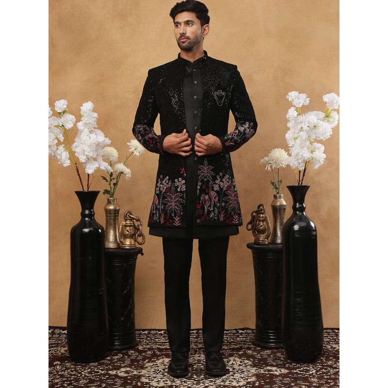 Jompers Men Black Velvet Embroidered Sherwani Pant with Jacket (M)