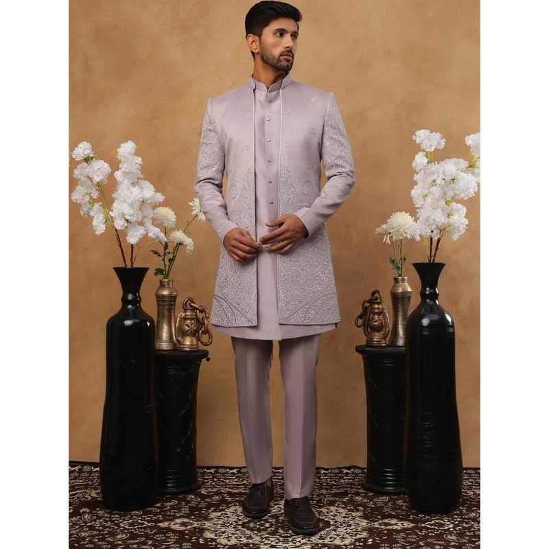 Jompers Men Lavender Embroidered Sherwani Pant with Jacket (M)