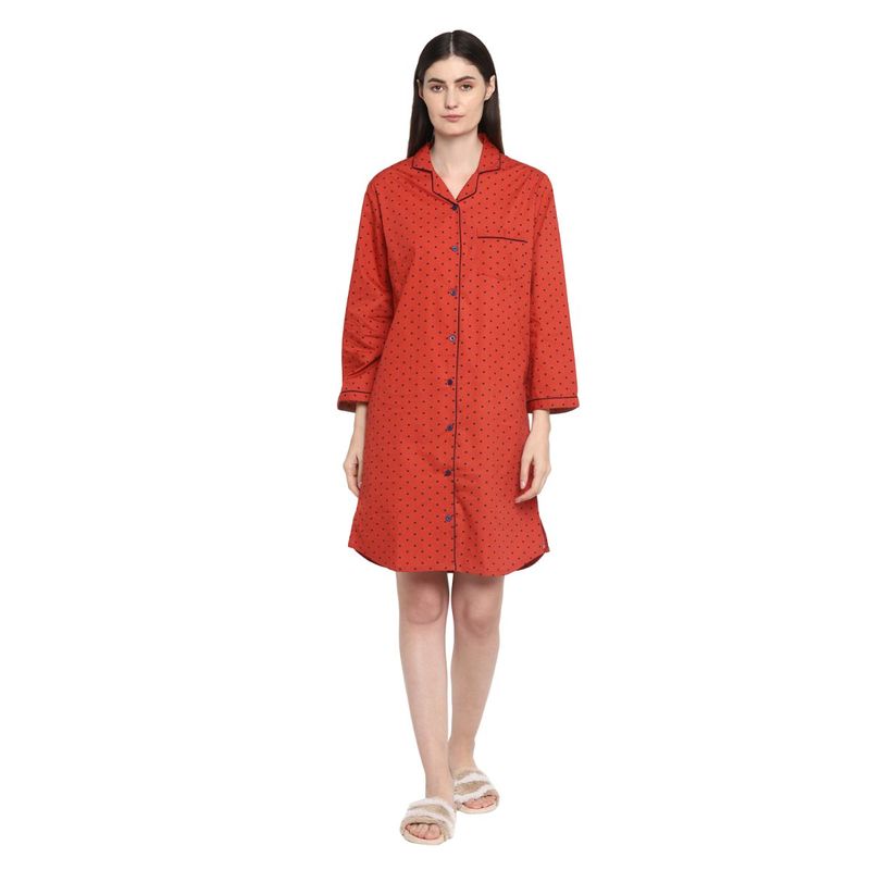 Shopbloom Polka Dot Print Long Sleeve Women's Sleep Shirt - Red (XS)