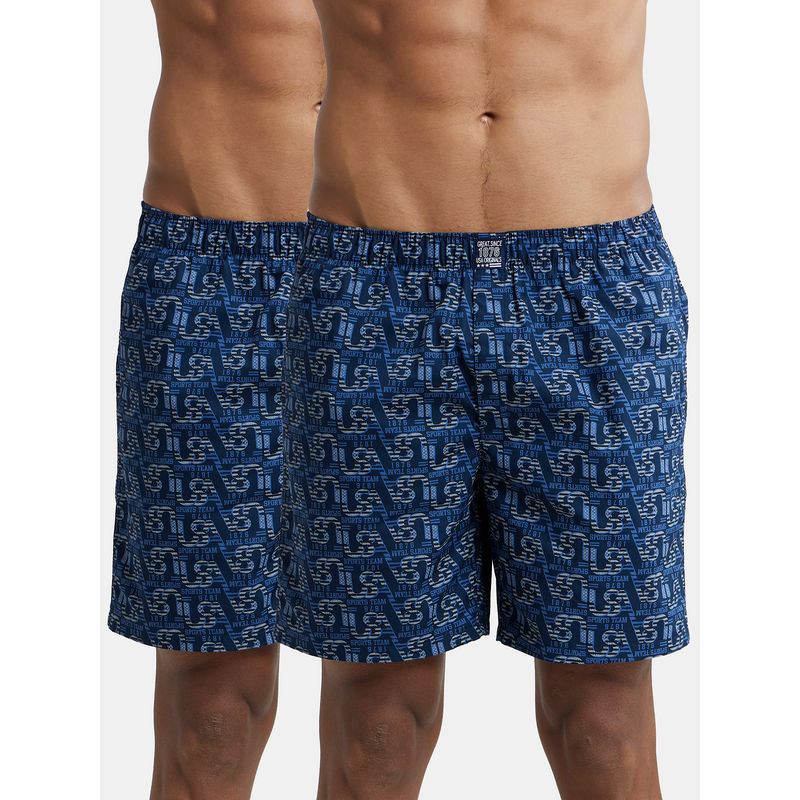 Jockey US57 Men Cotton Woven Printed Boxer Shorts - Navy Nickle (Pack of 2) (L)