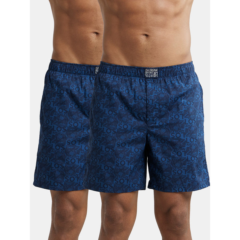 Jockey US57 Men Cotton Woven Printed Boxer Shorts - Navy Navy (Pack of 2) (M)