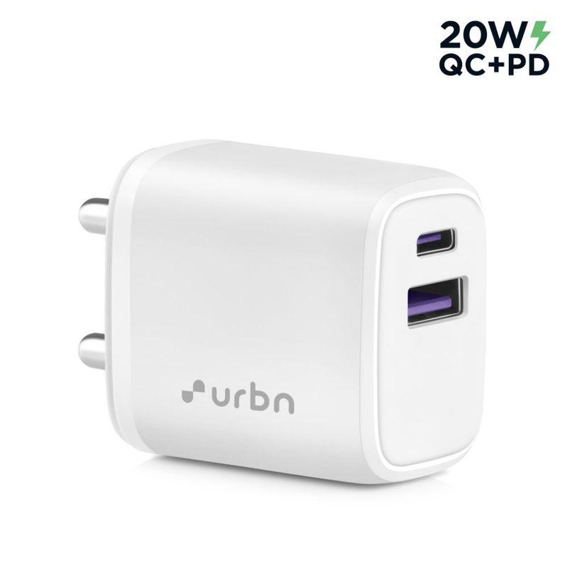 URBN 20w Dual Port Super Fast Charging Wall Adapter Quick Charge 3.0 Power Delivery 3.0 white