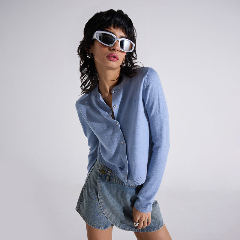 MIXT by Nykaa Fashion Blue Solid Round Neck Button Down Cardigan (XL)