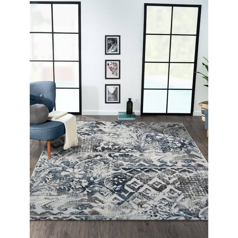 OBSESSIONS Cream and Blue Solid Machine Made Rectangular Carpet (3x5 feet)