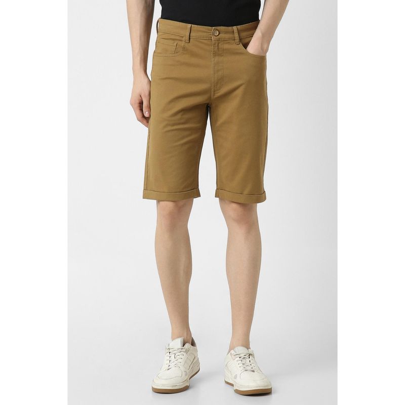 Peter England Men Khaki Cotton Blend Solid Shorts (34)
