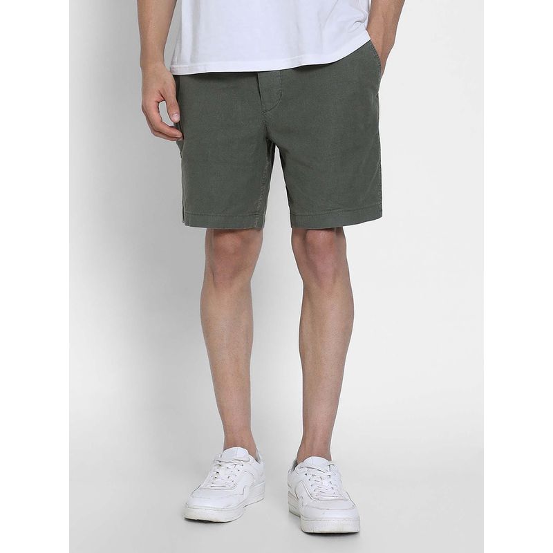American Eagle Men Olive Linen Blend Printed Shorts (28)