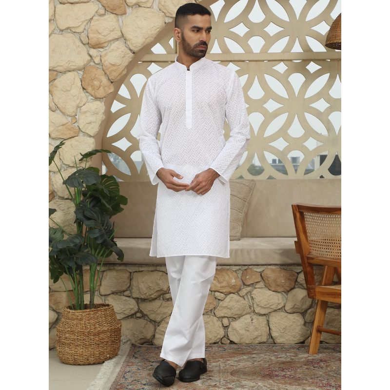 Men White Chikankari Embroidered Straight Kurta With Pyjama main image 0