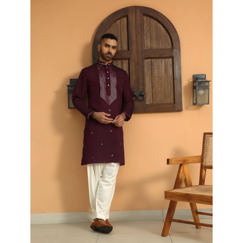 KRAFT INDIA LUXE Cotton Silk Sequined Embroidered Wine Kurta with Cream Salwar (Set of 2) (36)