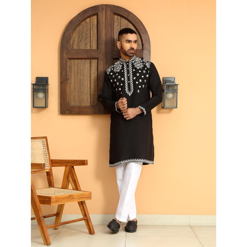 KRAFT INDIA LUXE Embroidered Sequenced Cotton Silk Black Kurta with White Trouser Pant (Set of 2) (40)