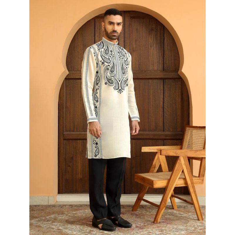 Kraft India Cotton Silk Embroidered Paisley Cream Kurta with Cotton Trouser Pant (Set of 2) (38)