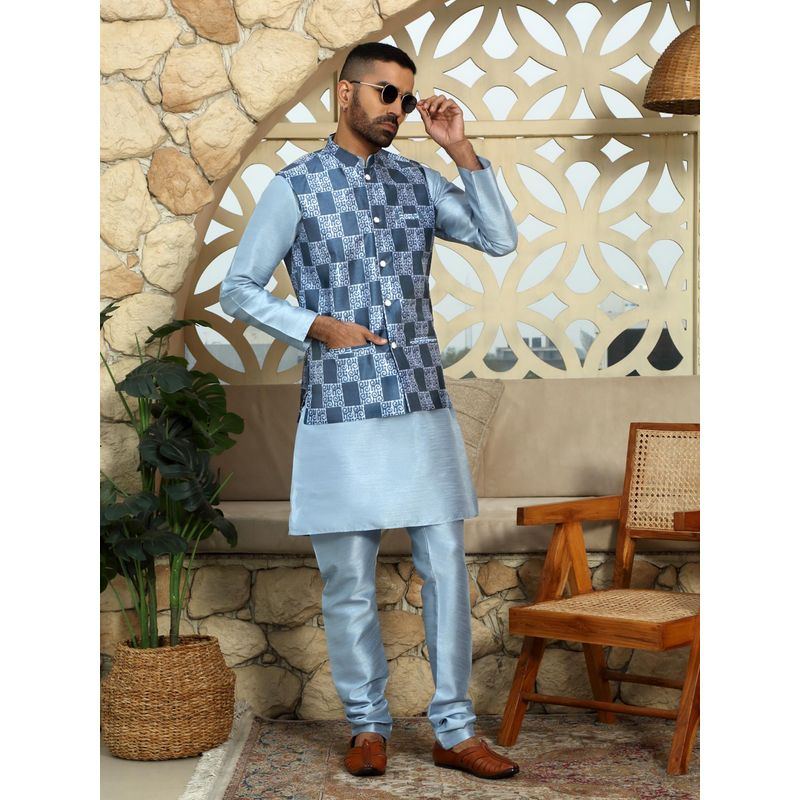 Kraft India Silk Blend Solid Sky Blue Kurta and Churidar with Printed Nehru Jacket (Set of 3) (36)