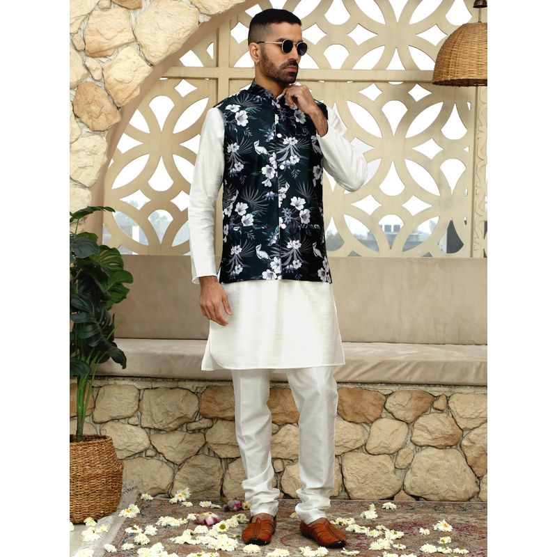 Bright Yellow Kurta Churidar with Leafy Digital Print Nehru Jacket