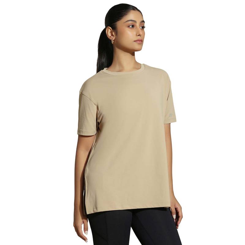 Silvertraq Women Beige Flow Fit Oversized Crew Neck T-Shirt (XS)