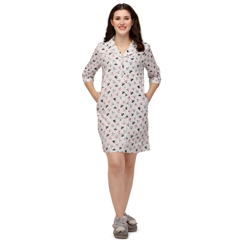 SOIE 3/4Th Sleeve Printed Knee Length Nightdress - Multi-Color (L)(L)