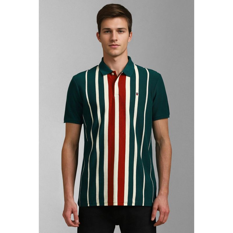 Louis Philippe Men Green Cotton Stripes Printed Collar Neck Polo T-Shirt (XL)