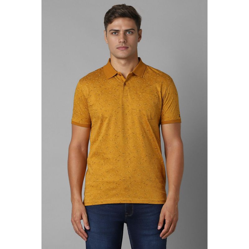 Louis Philippe Men Mustard Cotton Paisley Print Collar Neck Polo T-Shirt (S)