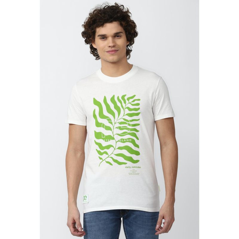 Peter England Men White Cotton Graphic Printed Round Neck T-Shirt (S)