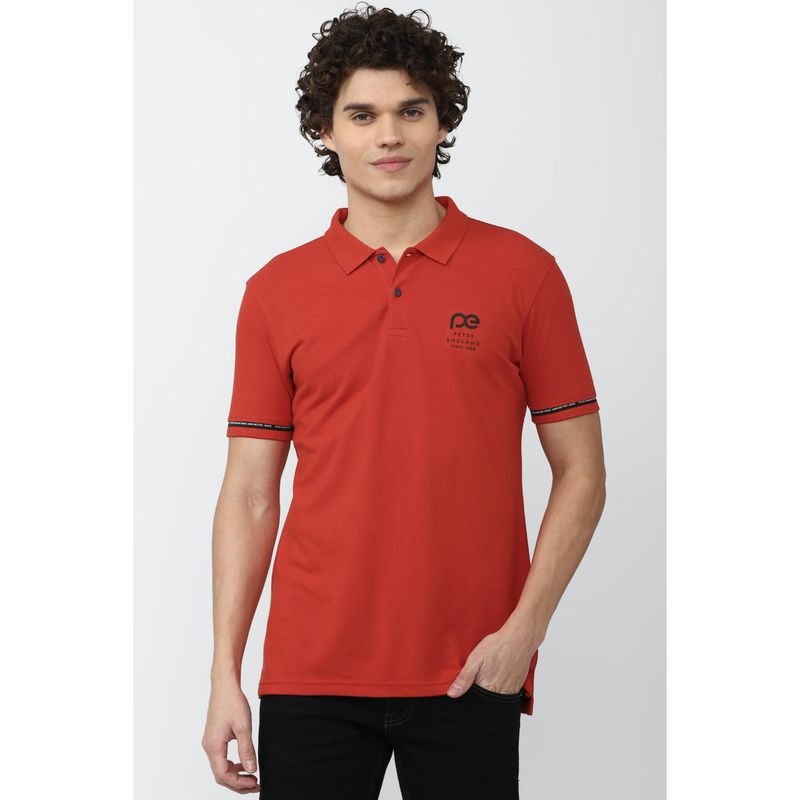 Peter England Men Red Blended Fabric Solid Collar Neck Polo T-Shirt (S)