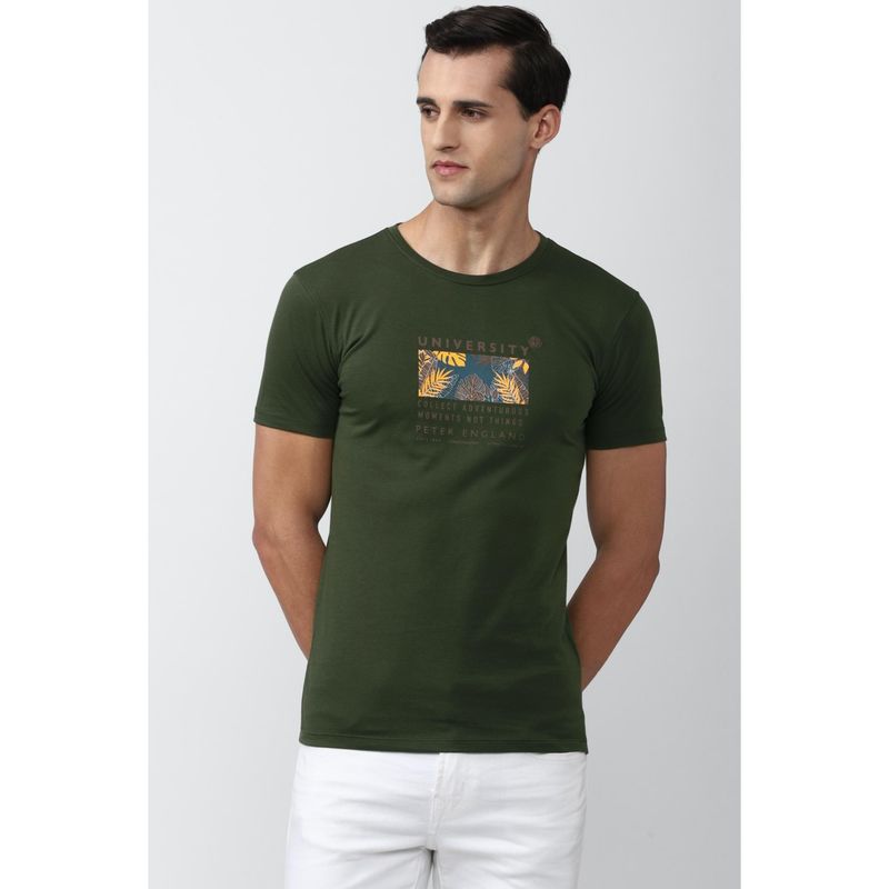 Peter England Men Green Blended Fabric Graphic Printed Round Neck T-Shirt (S)