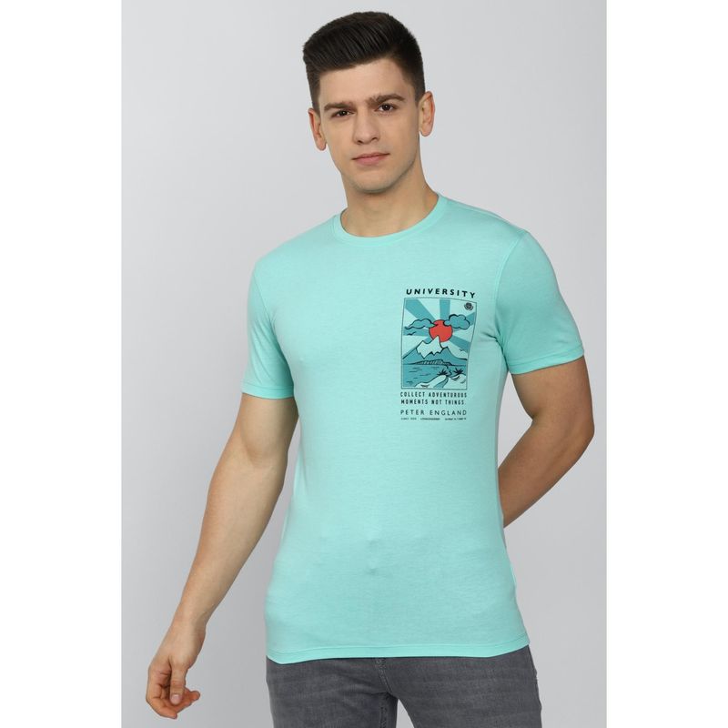 Peter England Men Green Blended Fabric Graphic Printed Round Neck T-Shirt (S)