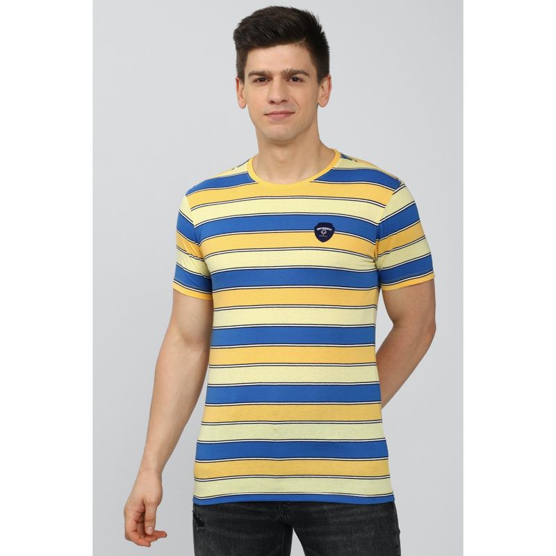 Peter England Men Yellow Blended Fabric Stripes Printed Round Neck T-Shirt (S)