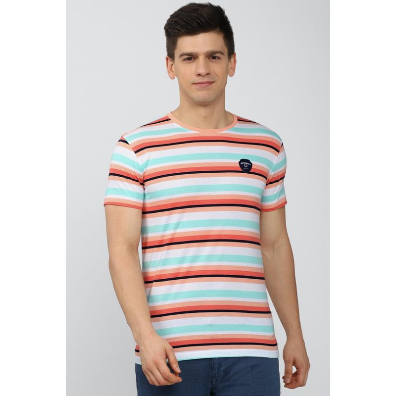 Peter England Men Multi-Color Blended Fabric Stripes Printed Round Neck T-Shirt (M)