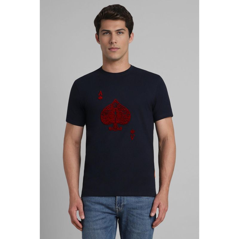 Simon Carter Men Navy Blue Cotton Embroidered Crew Neck T-Shirt (S)