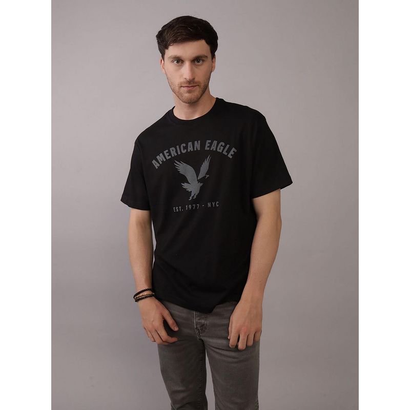 American Eagle Men Black Blended Fabric Graphic Printed Crew Neck T-Shirt (XS)