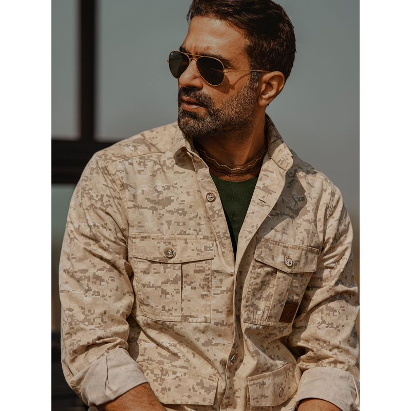 Andamen Regular Fit Men Beige Printed Full Sleeve Overshirt (L)