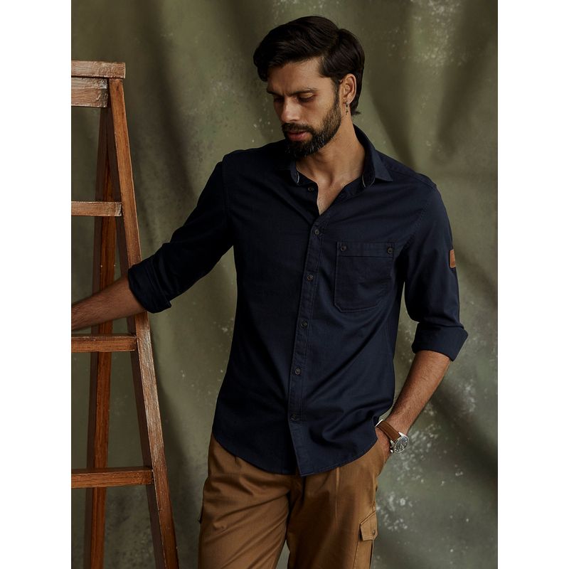 Andamen Regular Fit Men Navy Full Sleeve Leather Patch Shirt (L)