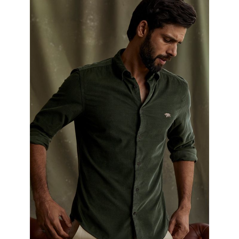 Andamen Men Olive Corduroy Full Sleeve Slim Fit Shirt (L)