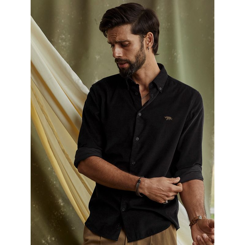 Andamen Regular Fit Men Black Corduroy Full Sleeve Shirt (M)