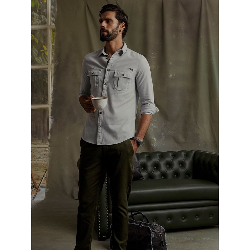 Andamen Men Grey Twill Full Sleeve Slim Fit Shirt (S)