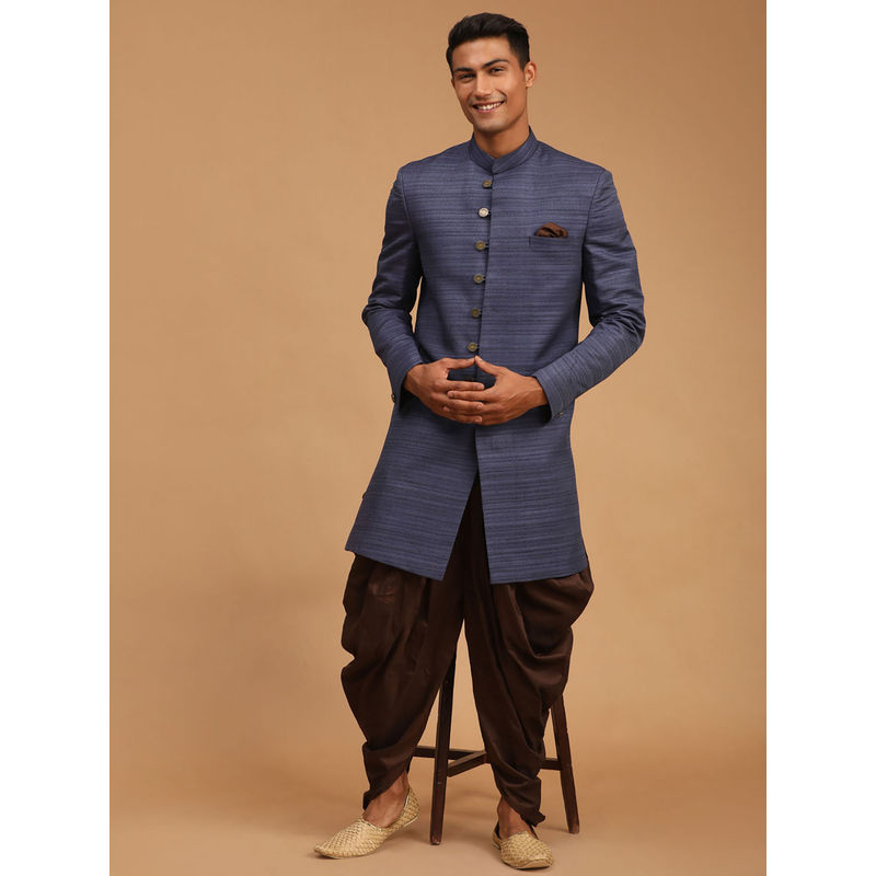 Vastramay Mens Navy Blue & Brown Silk Blend Sherwani (Set of 2) (M)