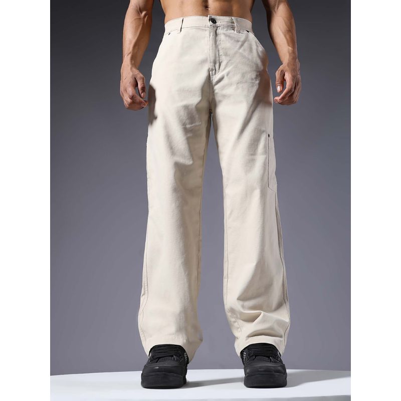 PRONK Off White Solid Regular Fit Trouser (M)